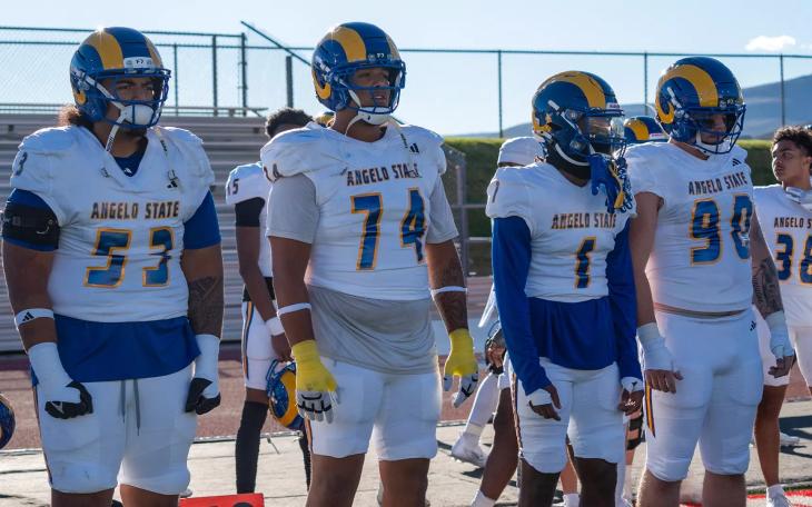 Angelo State players (from left) Viliami Salakielu, Isaiah Mworia, Demetrias Charles and Zach Burton prepare for the Rams' game against Western Colorado on Thursday, Sept. 3, 2026.