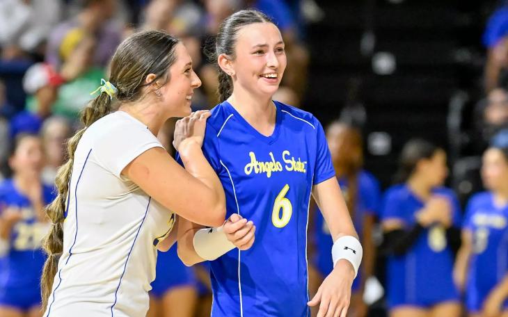 Angelo State volleyball players (from left) Allie Duitsman and Madi Parrish are shown during the 2026 season.