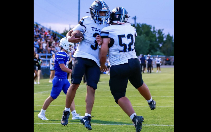 TLCA San Angelo's Collin Soto (52) and Jonah Munoz (3) celebrate during a win over Winters on Sept. 10, 2026.