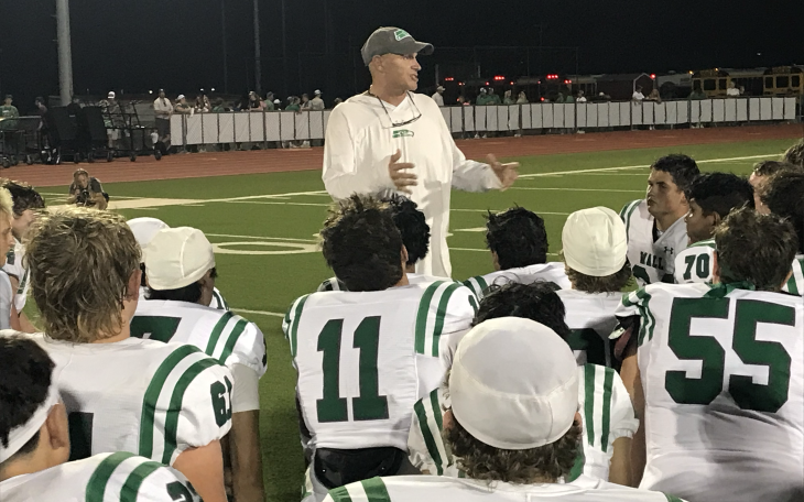 Wall head coach Craig Slaughter talks to his team after the Hawks' 49-13 win over Jim Ned on Friday, Sept. 11, 2026, in Tuscola.