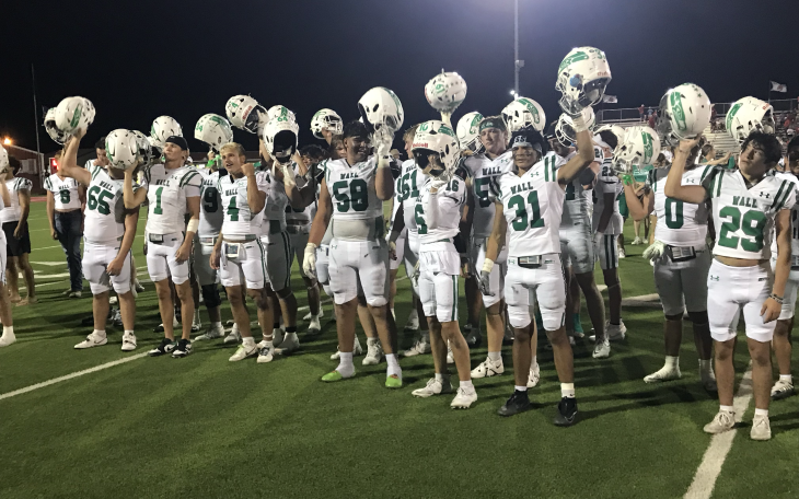 The Wall football team celebrates its 49-13 win over Jim Ned on Friday, Sept. 11, 2026, in Tuscola.