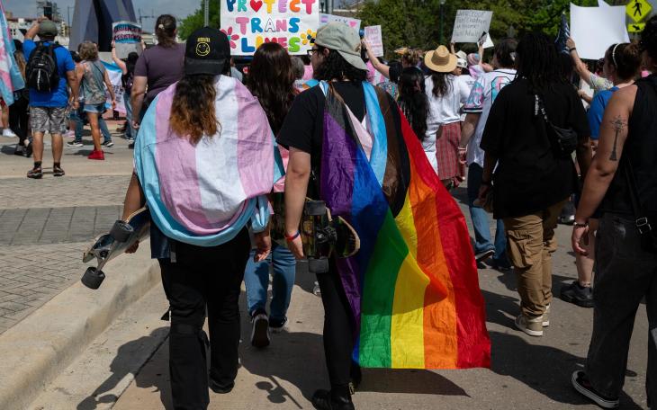 Activists and supporters march from the Bexar County Courthouse to Crockett Park for “March for Us,” San Antonio's third annual celebration of Transgender Day of Visibility, on March 29, 2025 in San Antonio.