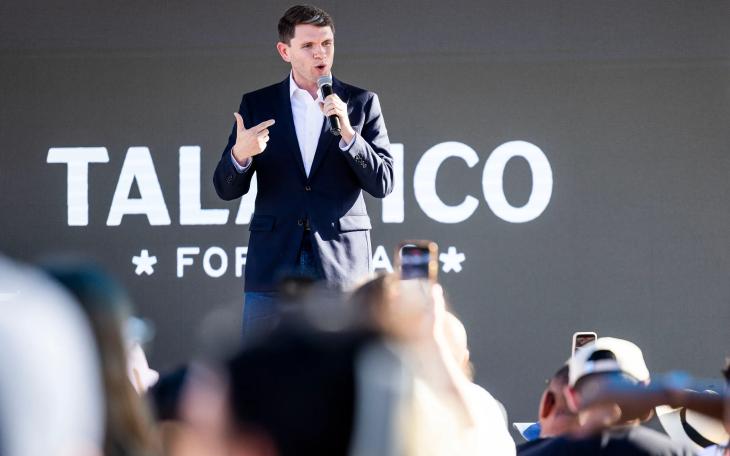 State Rep. James Talarico, the Democratic nominee for U.S. Senate, campaigns at Celis Brewery in Austin on Aug. 20, 2026, as part of his "New American Dream" tour to promote his economic agenda.