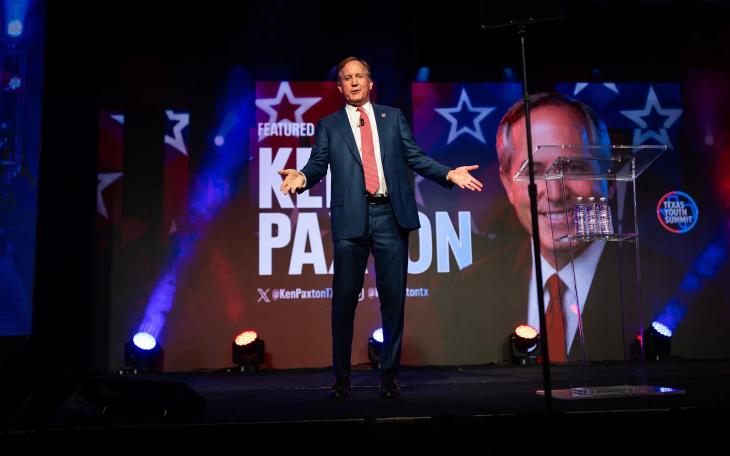Attorney General Ken Paxton, the Republican nominee for U.S. Senate, enters the stage at the Texas Youth Summit in The Woodlands on Oct. 9, 2026. Antranik Tavitian for The Texas Tribune