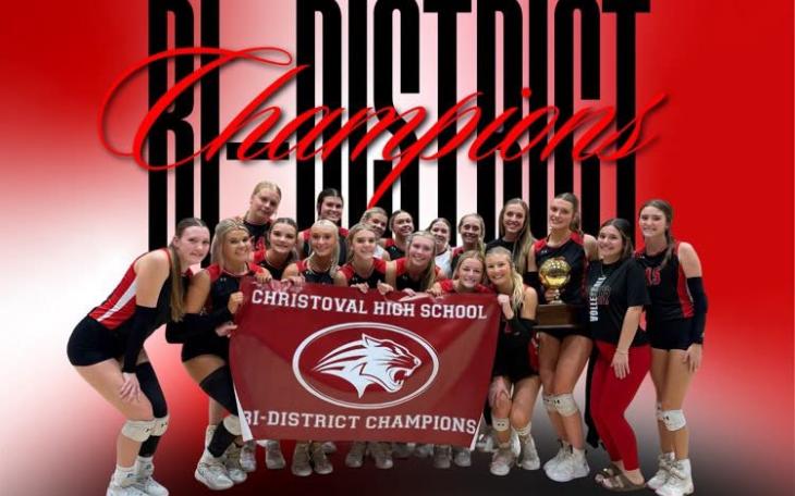 The Christoval volleyball team won its first-ever playoff trophy with a sweep of Roscoe on Thursday, Oct. 29, 2026.