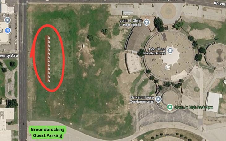 The Oct 13, 2026 groundbreaking ceremony for the all-new Glenn Middle School will be held on the west side of the old "space age" flying saucer-shaped Glenn building.