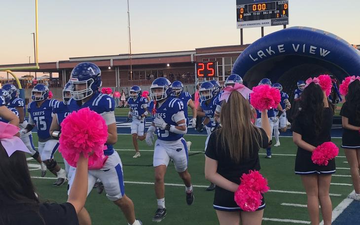 The Lake View Chiefs run onto the field before their game against Pflugerville Connolly during the 2026 football season.