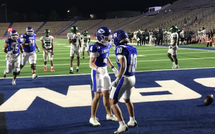 Lake View's Aiden Rivera celebrates with Calvin Whitfield after a late touchdown against Pflugerville Connally.