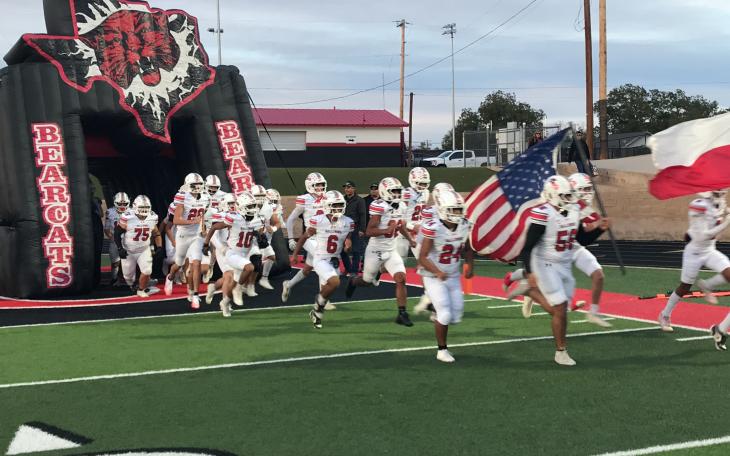 The Ballinger Bearcats run onto the field before their game against Colorado City on Friday, Oct. 16, 2026.