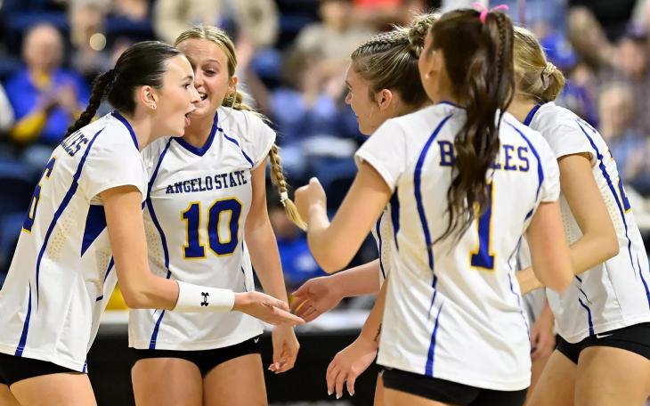 The Angelo State volleyball team celebrates a point during the 2026 season.