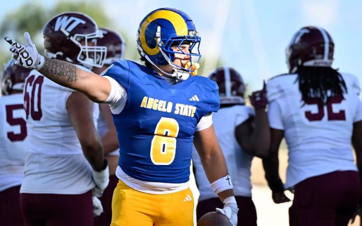 Angelo State's Thomas White reacts to a play during the 2026 football season.