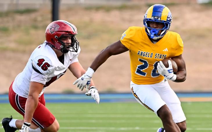 Angelo State's Ashton Dickens runs during the 2026 football season.