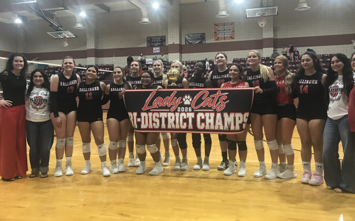 The Ballinger volleyball team celebrates after a first-round playoff win over Colorado City on Thursday, Oct. 29, 2026.