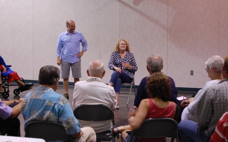 Grindstaff and facilitator Darwin (left) conduct a lively town hall meeting Tuesday evening. (LIVE! Photo/Joe Hyde)