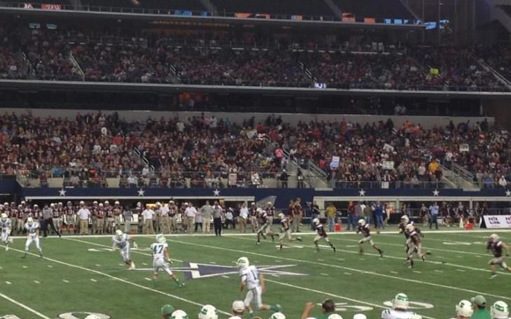 Cameron Yoe kicks off to the Wall Hawks during the state 2A championship at AT&amp;T Stadium in Arlington, TX (LIVE! Photo/Zane Willard)