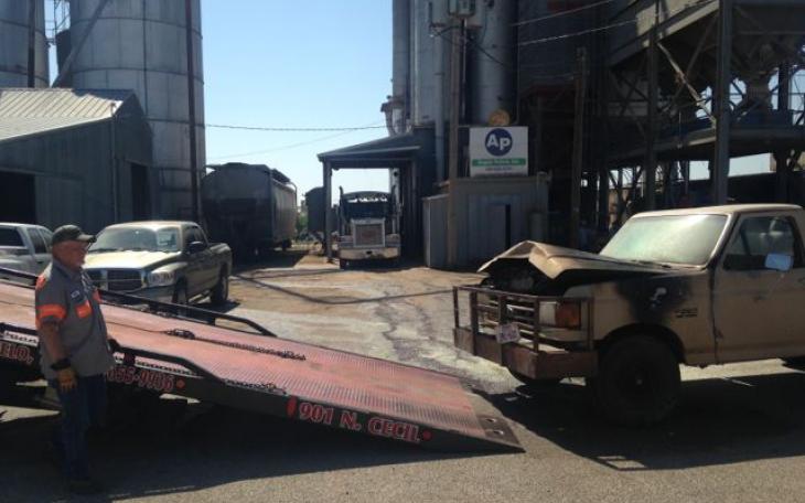 Old Chevy caught fire at Angelo Pellet on N. Bell St. Tuesday afternoon, Apr. 22, 2104. (LIVE! Photo/Hayden Hyde)