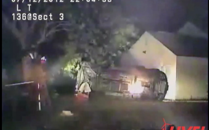 A high-speed chase on July 12, 2012 ended with a crash in the front yard of a residence. (Source/Youtube)