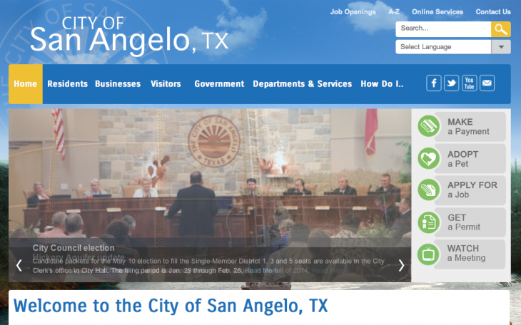 Screenshot of the new City of San Angelo website homepage