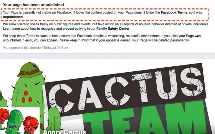 The Angry Cactus Anti-Defamation League Facebook page has been suspended.