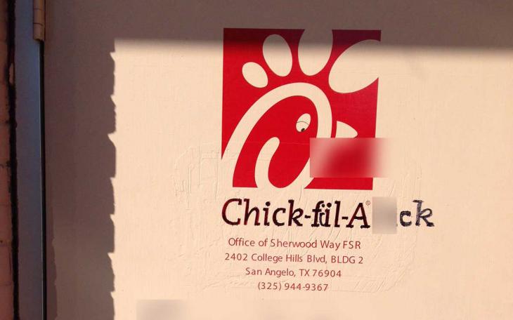 The franchisee&amp;#039;s corporate Chick-Fil-A offices were defaced with anti-Christian markings over the weekend of Apr. 11, 2015. (Contributed)