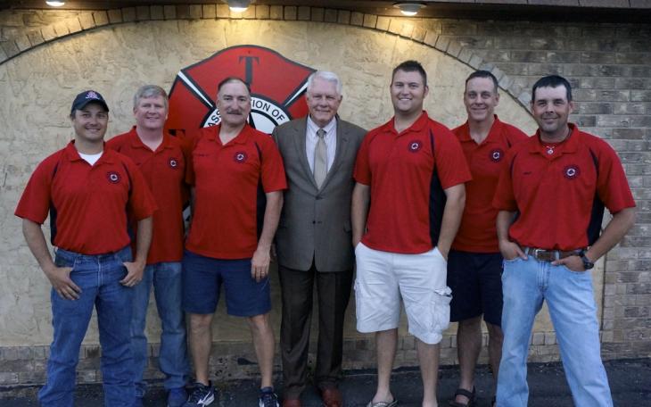 Nowlin with members of the San Angelo Fire Fighters Assoc. (L-R): Bubba Barnett, Donald White, Bubba Stevens, mayoral candidate David Nowlin, Justin Frazee, Dave Bowling, Max Childress, (LIVE! Photo/Joe Hyde)