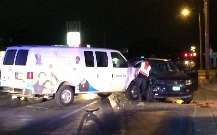 Concho Valley Regional Food Bank van clobbered in crash on Avenue N on Oct. 8, 2014. (LIVE! Photo/Joe Hyde)