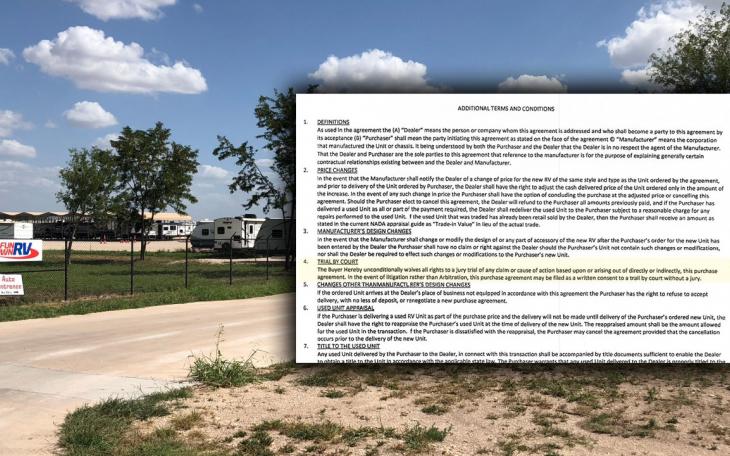 Small font on the Fun Town RV sales agreement stated the signor surrender his or her rights to a jury trial and do arbitration instead.
