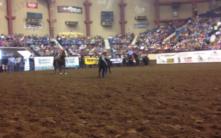 Shane Hanchey of Sulphur, LA breaks the all-time record of the 82-year San Angelo Stock Show and Rodeo with a score of 6.8 seconds. (LIVE! Photo/Joe Hyde)
