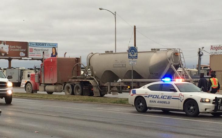 A sand truck rams a Silverado on S. Bryant on Jan. 31, 2015. (LIVE! Photo/John Basquez)