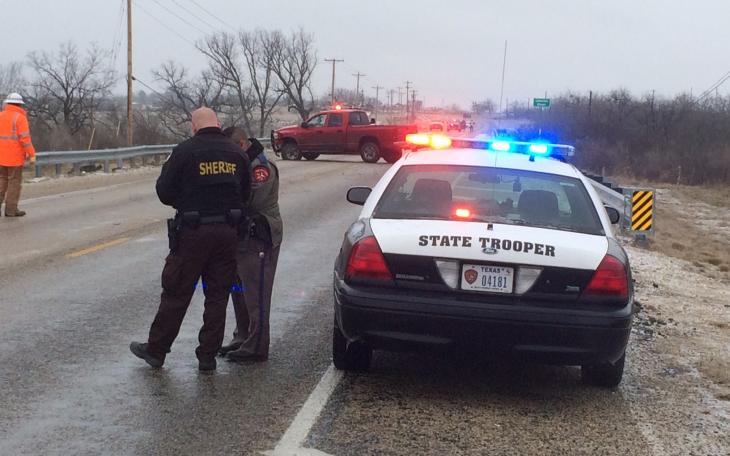 A two-vehicle crash on an icy bridge near Veribest on Feb. 27, 2015 (LIVE! Photo)