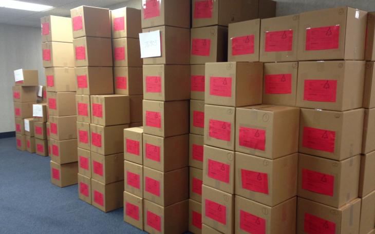 Boxes of gifts for inmates' children fill a room at the Sheriff's Office. (LIVE! Photo/Chelsea Reinhard)
