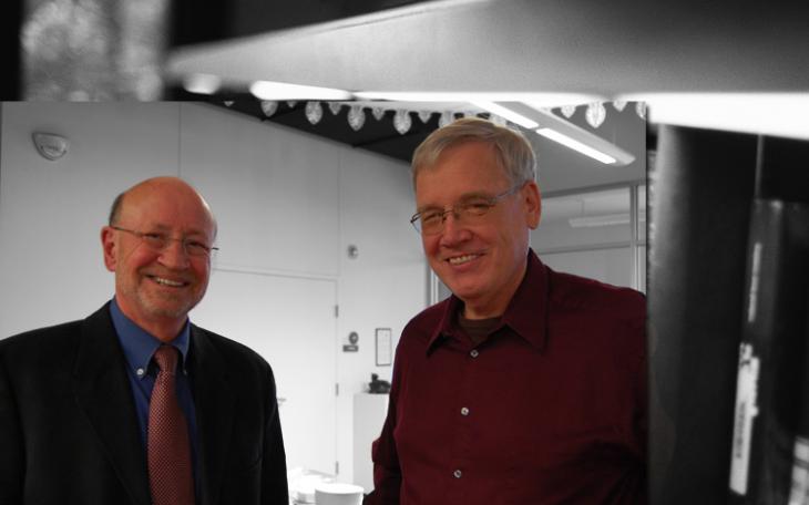 Library Director Larry Justiss and LIVE! reader Joe Weaver smile at Justiss' retirement reception Thursday. (LIVE! Photo by Chelsea Schmid)