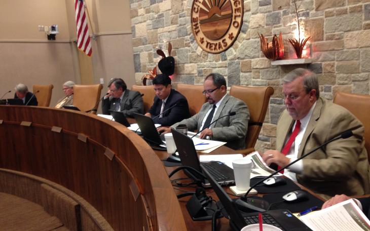 Accusations of Marty Self's ineligibility to sit on City Council flew through Tuesday's meeting. Self is in the forefront, first on right. (LIVE! Photo by Joe Hyde)