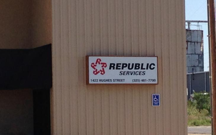 The backlit sign at the San Angelo Republic Services building on Hughes Street. (LIVE! Photo/Joe Hyde)