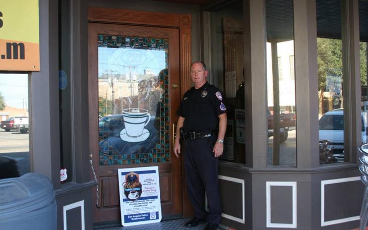 Community Services Liaison Officer Rick Tinsley waits for guests to arrive at the SAPD's Coffee With a Cop. (Photo courtesy of SAPD)