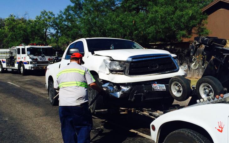 late model Toyota Tundra hit a Chevy Cobalt that ran a stop sign on Southland at College Hills on Sept. 1, 2014. (LIVE! Photo/John Basquez)