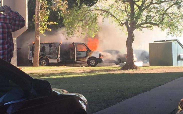 The van on fire just before firefighters arrived. (Contributed/Savanna Scar'let Tolan)