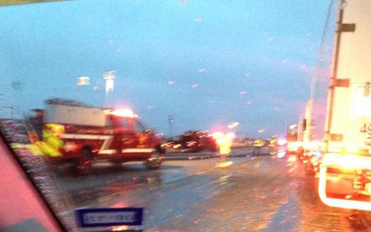 A pipe-hauler spilled its load onto U.S. 87 near Wall early Wednesday morning, causing five vehicles to crash behind it. (Contributed photo/Misty Eatmon)