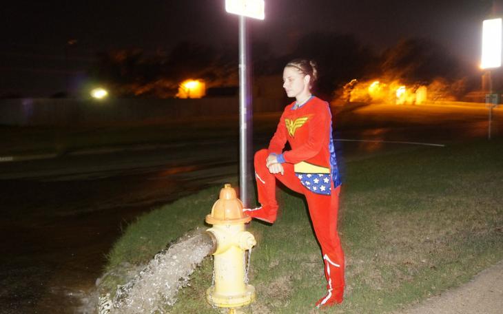 Wonder Woman has arrived to fix the water leak. (LIVE! Photo/John Basquez)