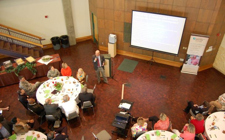 Dr. Thomas Tunstall briefs San Angelo Chamber of Commerce members on the recent trends in oil and gas in the region. (LIVE! Photo/Joe Hyde)