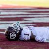 Texas A&M wide receiver Evan Stewart (1) lays in the end zone after dropping a pass during an NCAA football game against Mississippi State, Saturday, Oct. 1, 2022, in Starkville, Miss. (AP Photo/Vasha Hunt)
