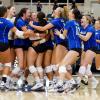 The Angelo State University volleyball team celebrates after a four-set win over No. 3-ranked West Texas A&M on Friday, Sept. 20, 2024.