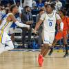 Shemar Smith (left) and Carvell Teasett celebrate during the Angelo State men's basketball team's 74-67 win over UT Permian Basin on Thursday, Feb. 27, 2025.