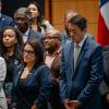 Members of the Texas House Democratic Caucus at a press conference at IBEW Local 701 in Warrenville, Ill., on Aug. 4, 2025. 