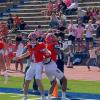 Central quarterback Micah Smith (4) celebrates with wide receiver Gabriel Garcia (1) after a touchdown pass against Midland High on Saturday, Oct. 25, 2025.
