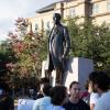 Texas A&M University students gather around the statue of former university President Lawrence Sullivan Ross for a protest in defense of academic freedom on Sept. 22, 2025. Texas A&M University System regents on Thursday will vote on a policy that would prohibit faculty from teaching "race and gender ideology." 