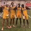 William Opare (second from right) poses with Rami Balti, Taylor Briggs, and Jahleel Armstrong after the 4x400 meter relay.
