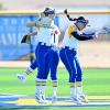 Kamren Loeffler, Karli Manney and Tatiana Trotter celebrate during the Angelo State softball team's home-opening tournament during the 2026 season.