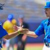 Angelo State's Chris Bernal (left) and Isaac Godard celebrate after a 12-2 win over Texas A&M-Kingsville in the opening round of the LSC Tournament on Monday, May 4, 2026.