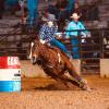 A barrel racer competes in the Texas High School Rodeo Association State Finals in 2025.